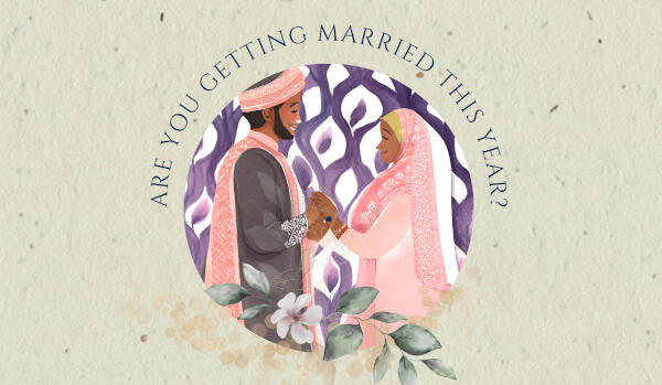 An illustration - AI generated - of a couple facing each other and holding hands on their wedding day. There are flowers underneath the image of them. The text reads "Are you getting married this year? Would you like an IMI imam to conduct your ceremony?"